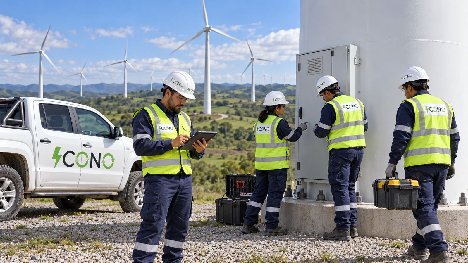 Equipo técnico junto a un aerogenerador
